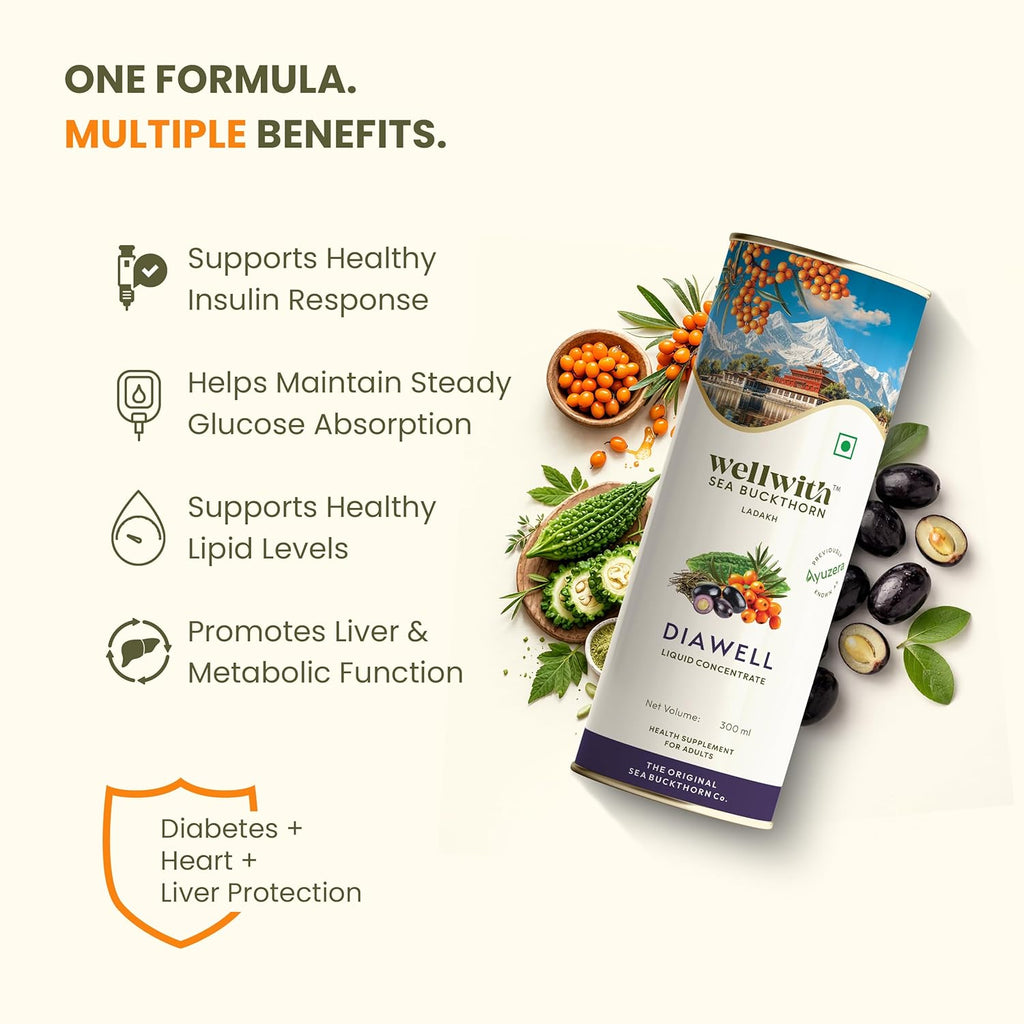 wellwith Ayuzera DiaboWin (Diawell) Karela & Jamun Diabetic Care Juice with Seabuckthorn 300ml | Chirata and Punarnava | Ayurvedic | Makes Upto 50 Glass Juice (300ml, Pack of 1)