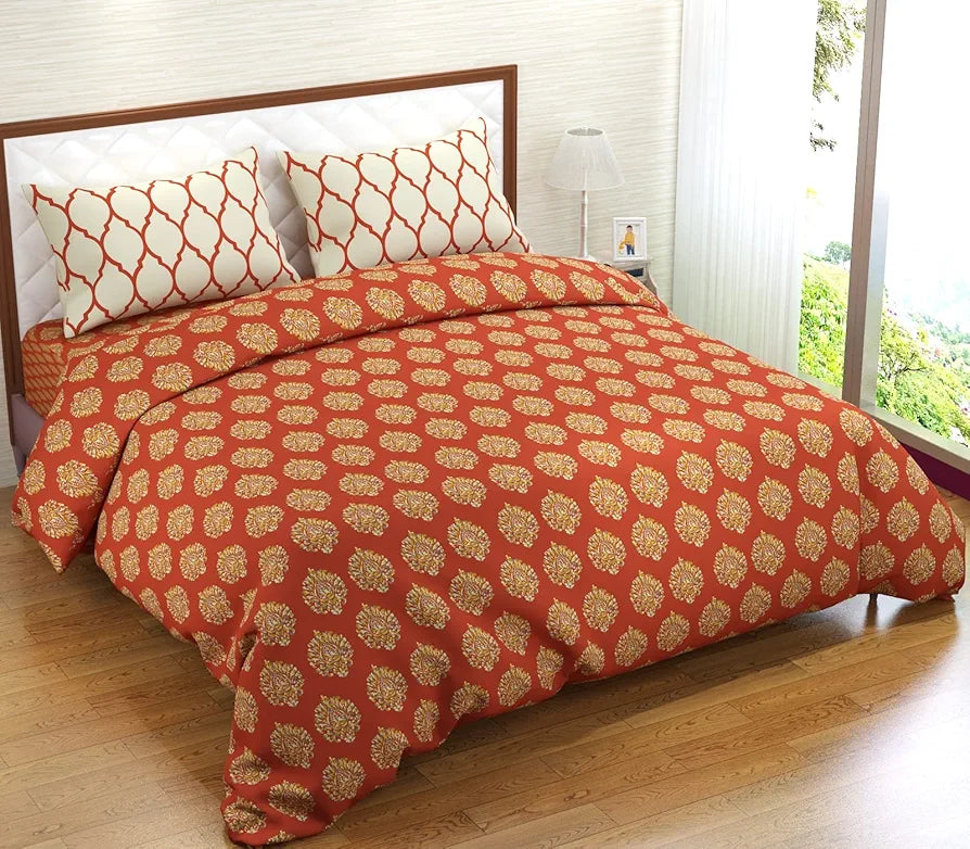 Trance Home Linen 200TC 100% Cotton Printed Zippered Duvet Cover/Blanket Cover/Quilt Cover Queen Size with 2 Pillow Covers  Colour Damask & Dori Clay Red