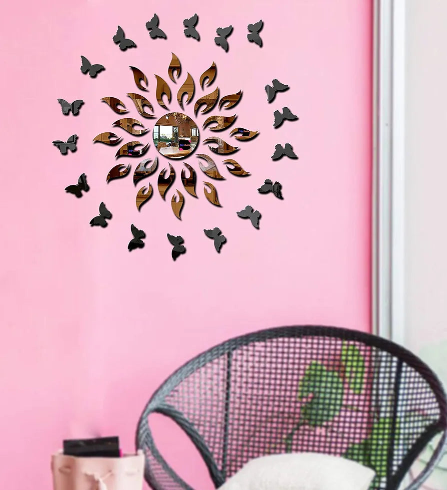 Bikri Kendra Sun with Butterfly Acrylic Mirror Wall Stickers Set of 45