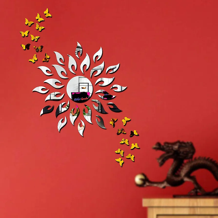 Bikri Kendra ART RTNS8 Sun Silver with 20 Golden Butterfly Decorative Mirror Stickers 3D Acrylic