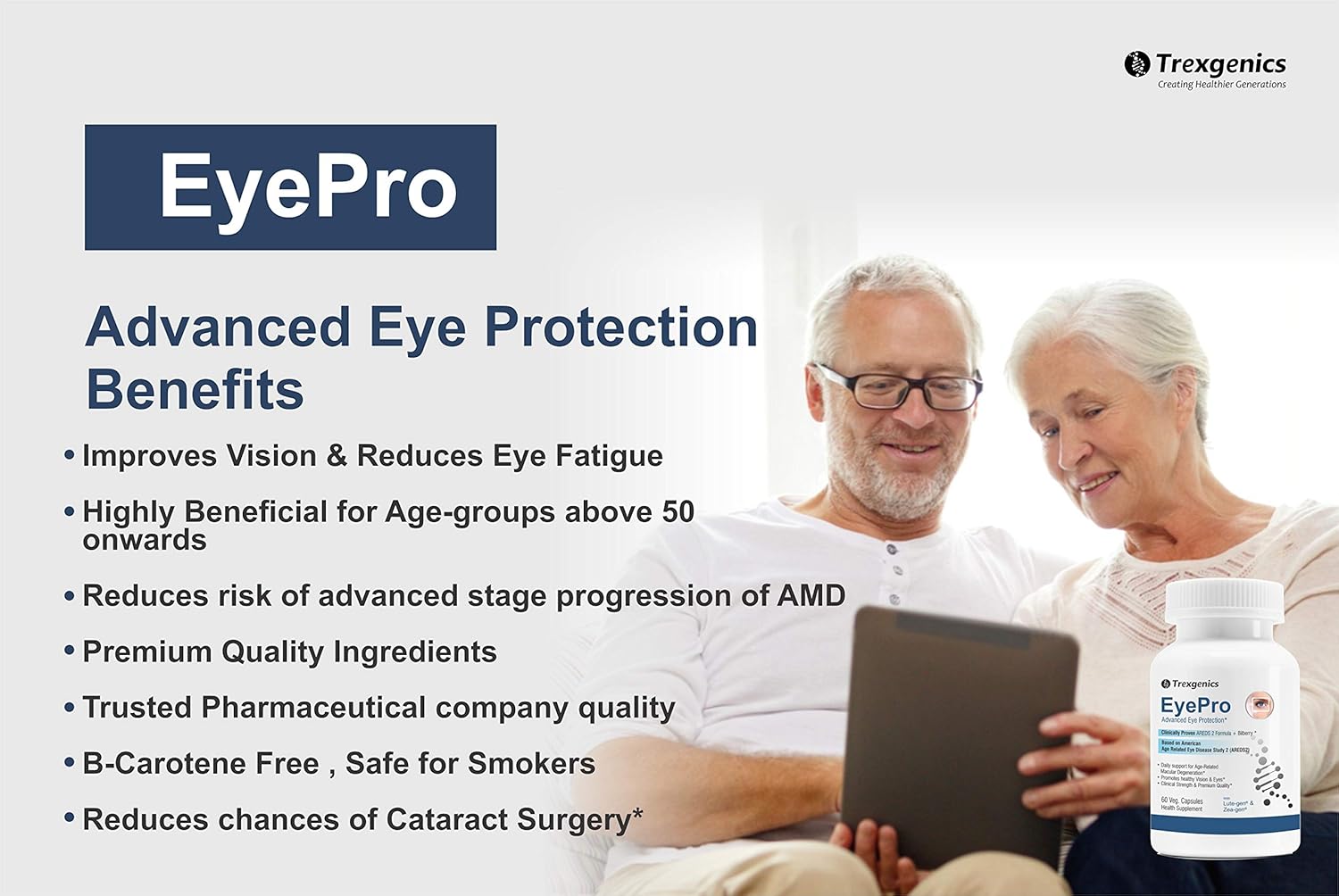 Trexgenics EyePro AREDS-2 Advanced Eye Protection formula with Researched Eye Ingredients Lutein,Zeaxanthin, Zinc, Copper & Bilberry(60 Veg. Capsules)