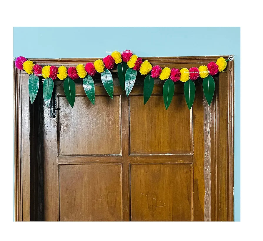 Artificial Marigold &Mango Leaves Simple Door-Window Toran Yellow and Dark Pink (Rani)