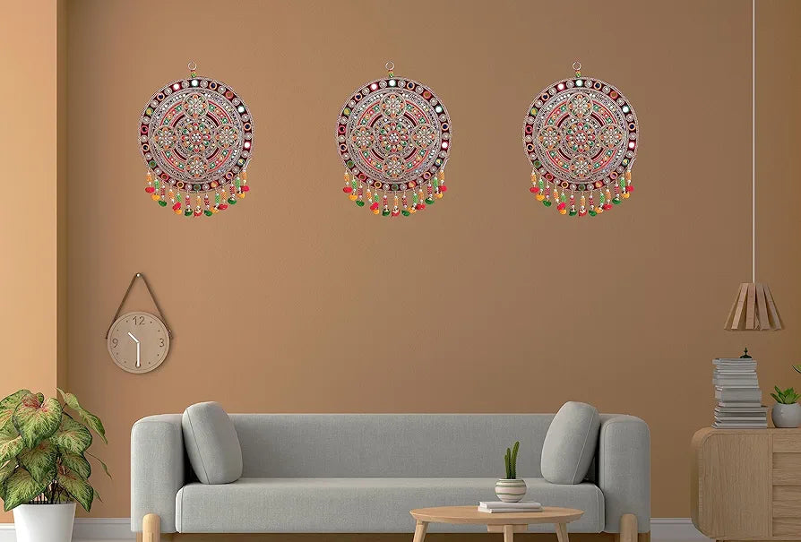 Velvet Traditional Round Floral Design Wall Decor Handicraft Wall Hanging Multicolour Round