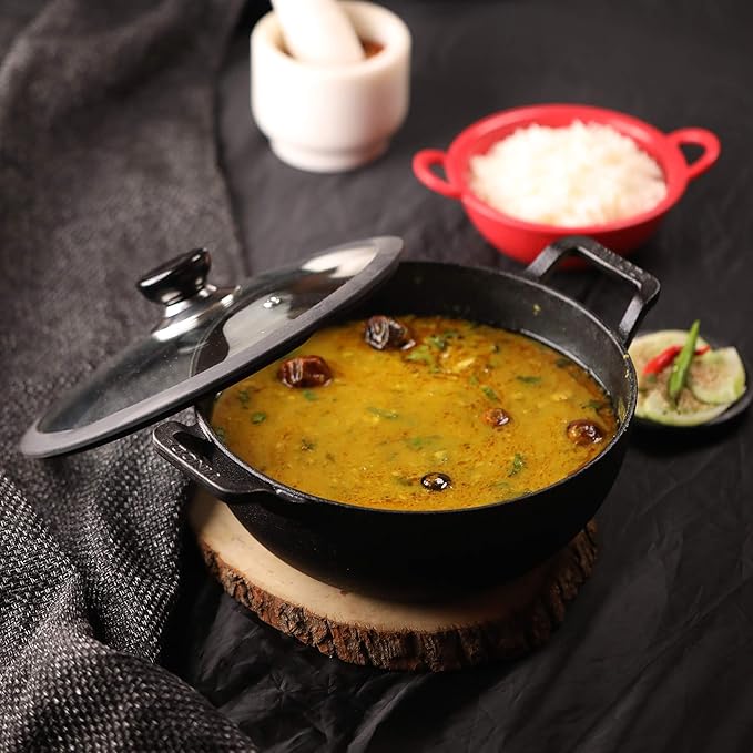 Vinod Legacy Pre Seasoned Cast Iron Kadai with Glass Lid - 3.3 Litre, 24 cm | Naturally Non Stick Kadhai for Cooking