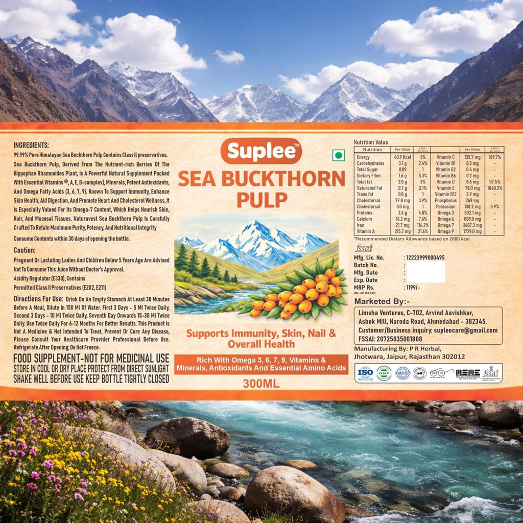 Suplee 99.9% Pure Himalayan Sea Buckthorn Pulp 300ml | Original & Natural Seabuckthorn Pulp Concentrate Rich in Omega 3, 6, 7 & 9 | Sugar Free Immunity Booster & Antioxidant Supplement for Radiant Skin, Hair & Overall Health | 300ml
