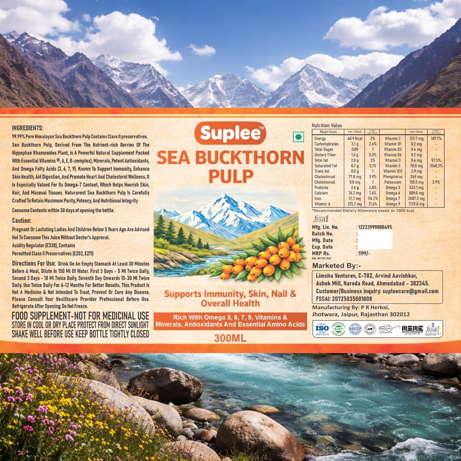 Suplee 99.9% Pure Himalayan Sea Buckthorn Pulp 300ml | Original & Natural Seabuckthorn Pulp Concentrate Rich in Omega 3, 6, 7 & 9 | Sugar Free Immunity Booster & Antioxidant Supplement for Radiant Skin, Hair & Overall Health | 300ml