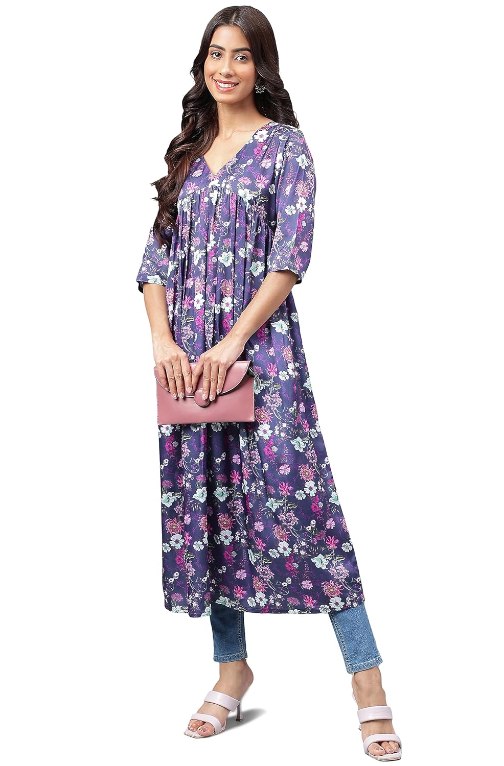 Janasya Women's Navy Blue Satin Digital Floral Printed Gathered Kurta