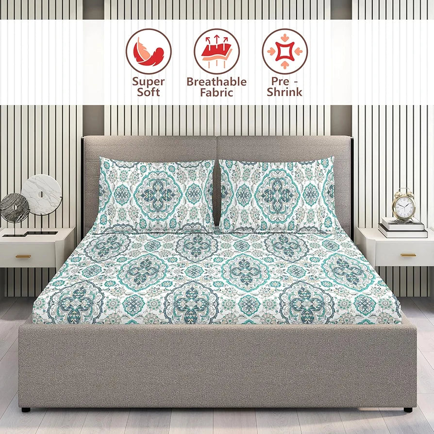 Layers Glory Cotton Bedsheet Set for All Seasons Lightweight 144 TC Queen Size Blue Water