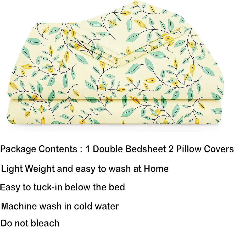 Homekart Premium Cotton Elastic Fitted Bedsheets with 2 King Size Pillow Covers Double Bed Flower Print Off White and Green 200 tc - 220 tc