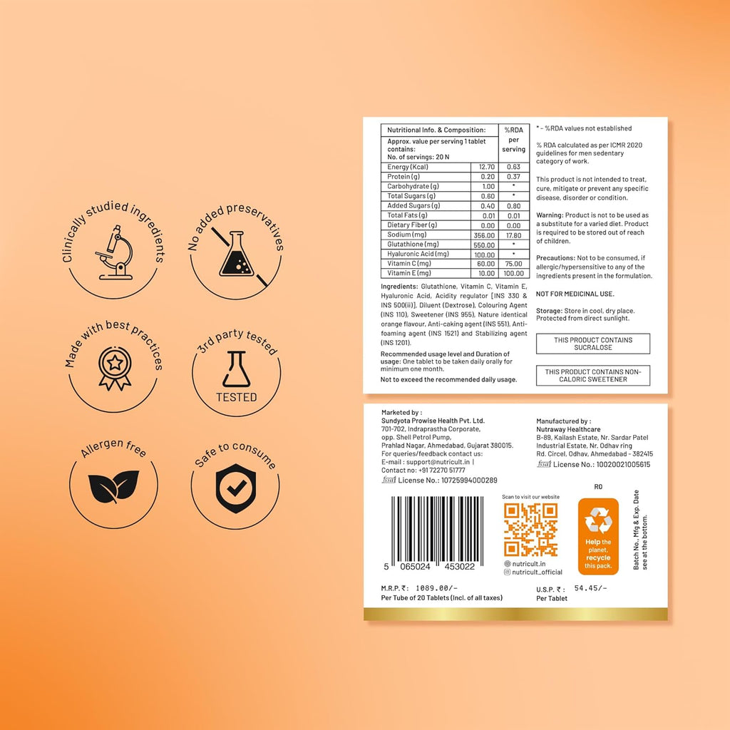 Nutricult L-Glutathione 550mg - 20 Effervescent Tablets Glutathione Effervescent Tablets for Glowing Skin with Hyaluronic Acid Vitamin C & Vitamin E | Skin Glow Supplement For Clear Skin | Orange