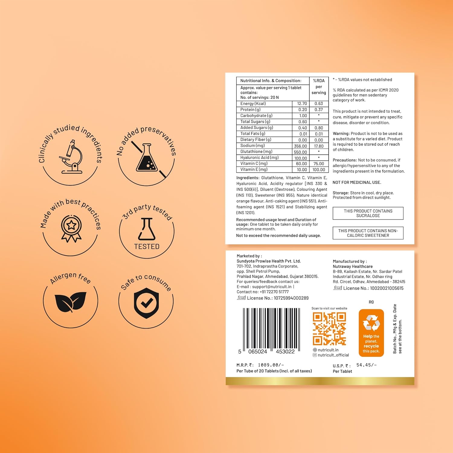 Nutricult L-Glutathione 550mg - 20 Effervescent Tablets Glutathione Effervescent Tablets for Glowing Skin with Hyaluronic Acid Vitamin C & Vitamin E | Skin Glow Supplement For Clear Skin | Orange