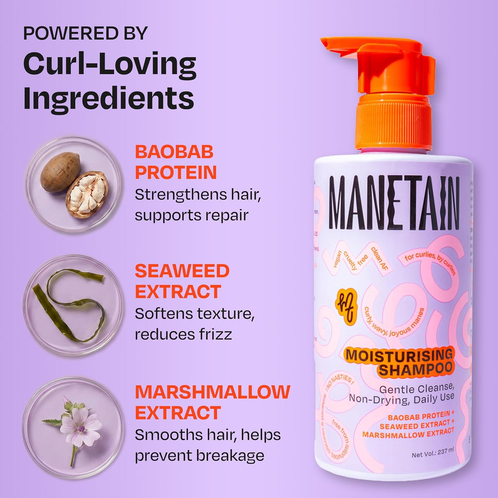 MANETAIN Moisturising Shampoo 237ml for Curly, Dry & Frizzy Hair | Sulphate & Paraben Free | Hydrates & Strengthens with Baobab Protein, Seaweed & Marshmallow Extract | CG-Friendly, Gentle Cleanser for Soft, Defined Curls