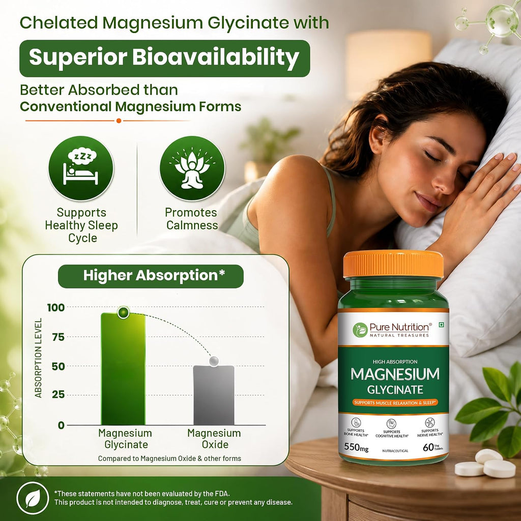 Pure Nutrition Magnesium Glycinate 550mg - 60 Tablets | High Absorption Magnesium Supplement for Daily Wellness | Supports Muscle Relaxation, Sleep & Nerve Function