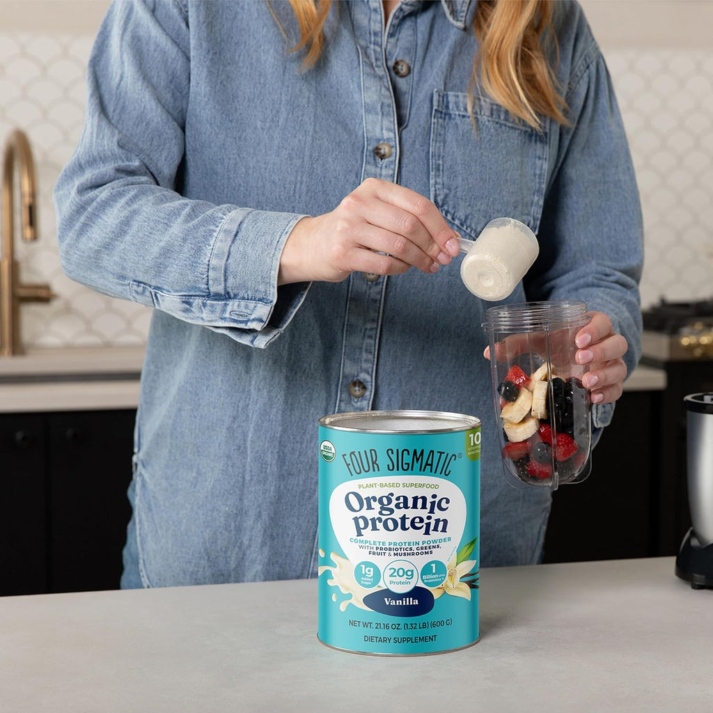 Four Sigmatic Organic Vegan Protein Powder | 18g Plant-Based Protein per Serving | Gluten Free, Dairy Free, Soy Free, Non-GMO with No Filler Ingredients | 21.16oz, 15 Servings | Vanilla