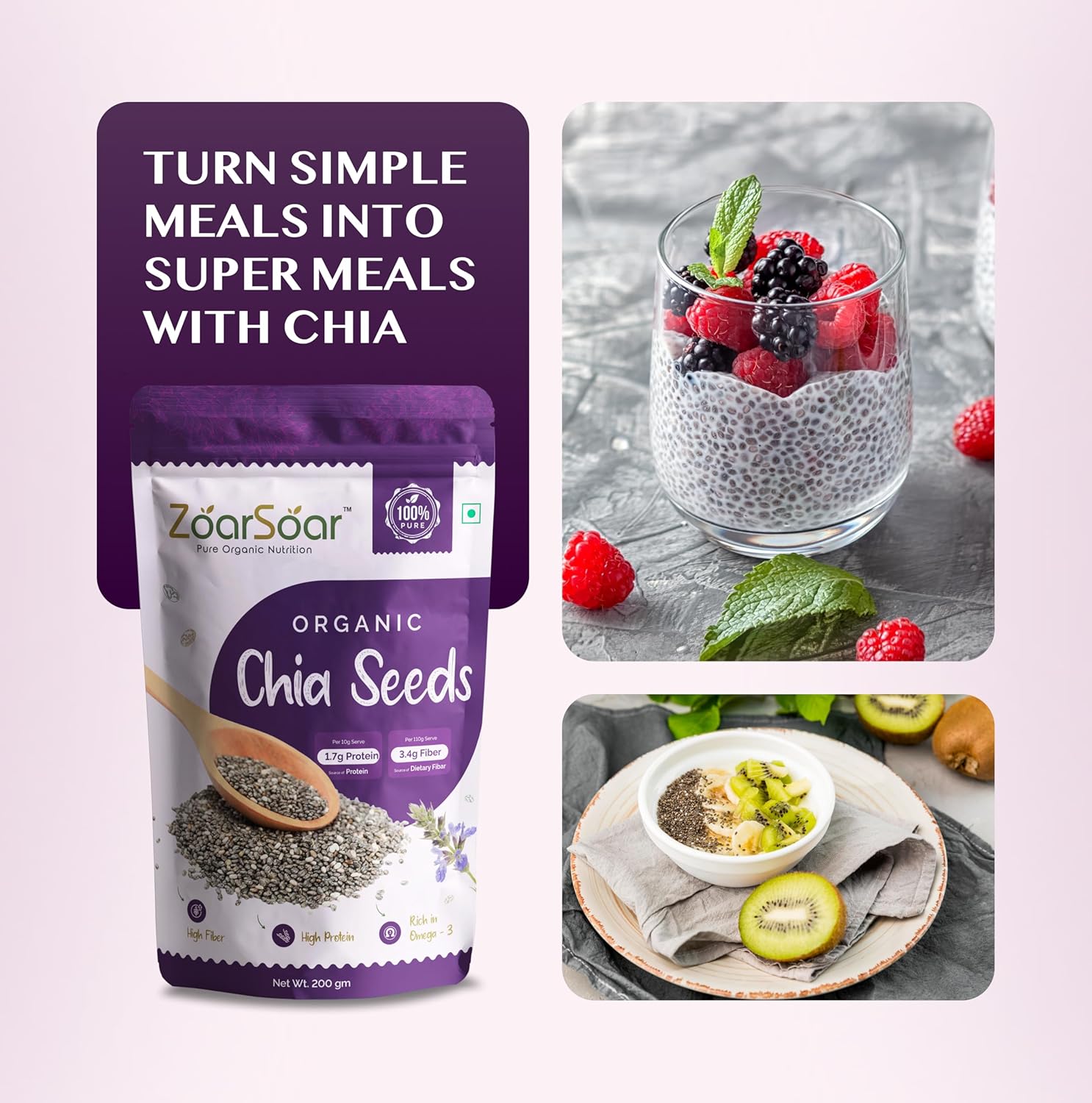 ZoarSoar Premium Raw Chia Seeds (200g) | Unpolished, Clean, Non GMO Superfood for Heart Health & Digestion | Natural Pure Omega-3, Fibre & Plant Protein Source | Organic Chia Seeds For Weight Loss