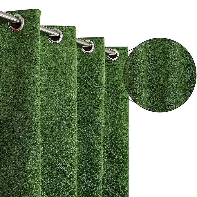 Loomlyfe Damas Heavy Soft Thick Premium Designer Room Darkening Blackout Window Curtain | 2 Pieces | 5 Feet | Green