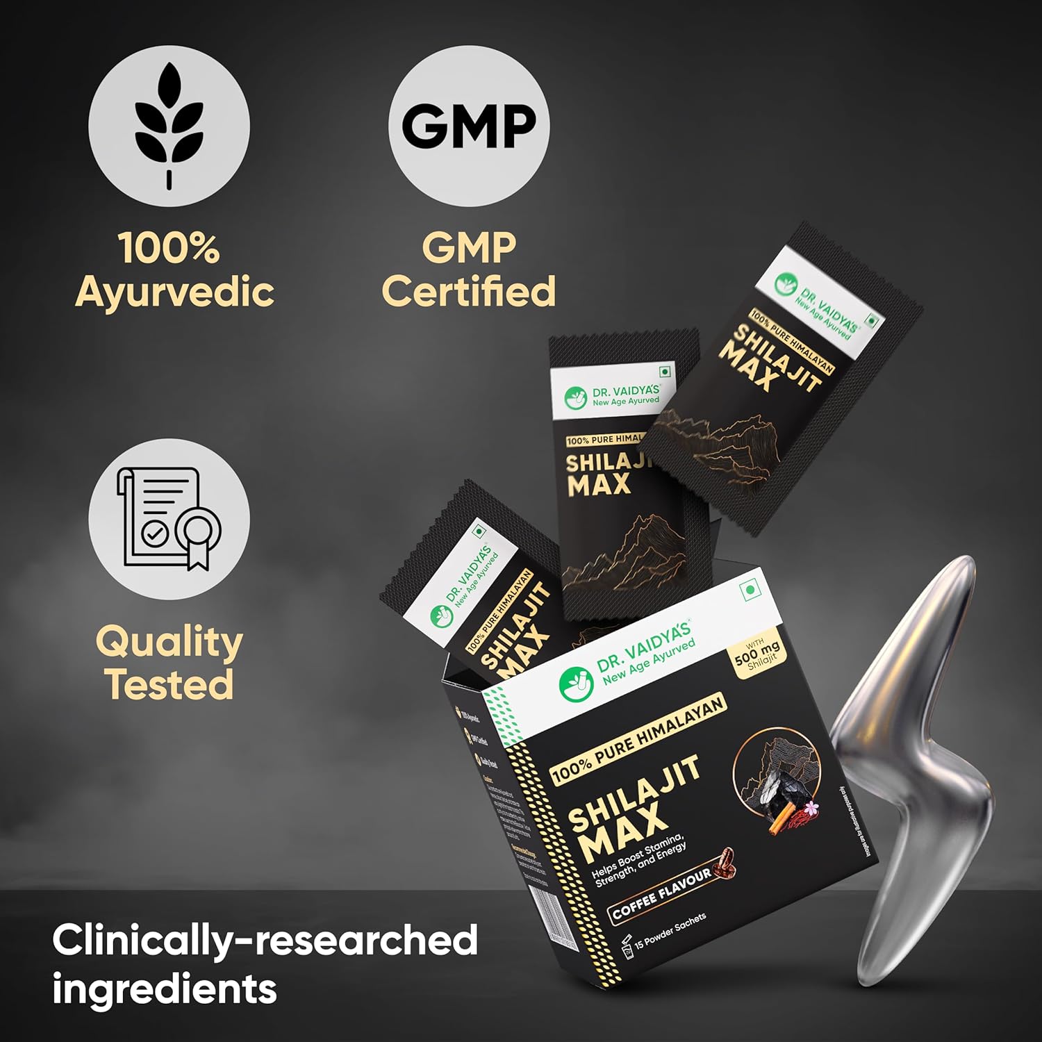 Dr. Vaidya's Shilajit Max|For Stamina On the Go|Boosts Strength & Energy levels|500 mg of 100% Pure Himalayan Shilajit In Coffee Flavour,Pippali,Dalchini,Ela & Saffron |15 Powder Sachets (Pack 1)