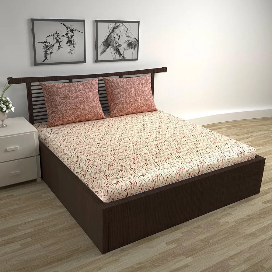 Divine Casa 144 TC 100% Cotton Double Bedsheet with 2 Pillow Covers Tropical Leaf Colour Cream Brown