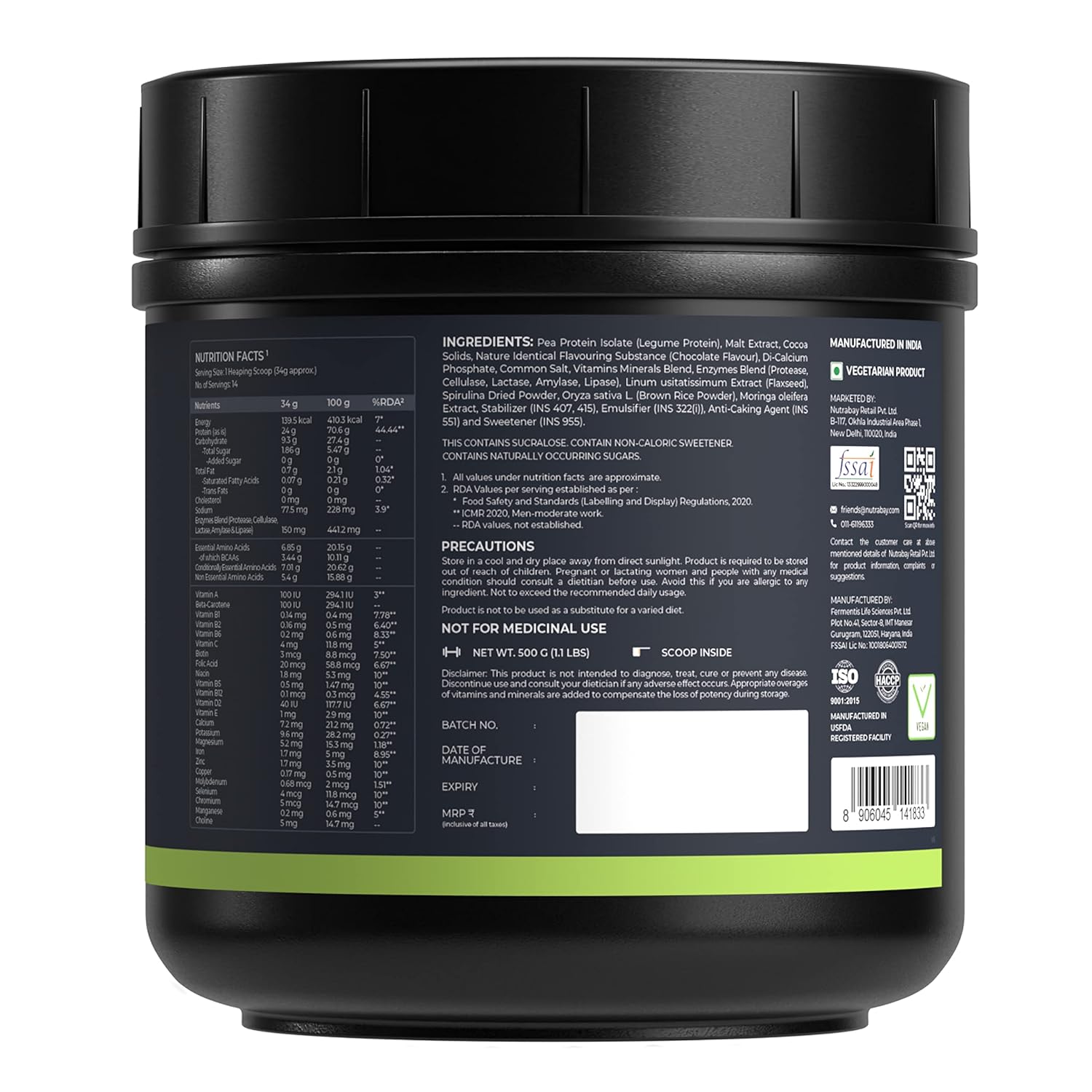 Nutrabay Wellness Vegan Plant Protein Powder + Superfoods 24g Protein per Serving â€“ Complete Amino Acid, Pea & Brown Rice, Sugarfree â€“ 500g, Rich Chocolate | 100% Authentic Clean Protein