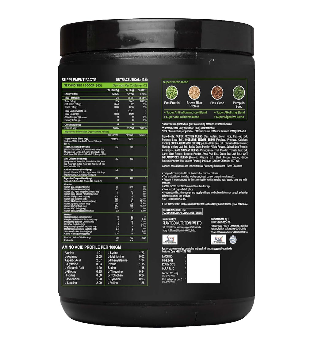 Plantigo Clean Protein Powder Men & Women | 24g Plant Protein, 4.4g BCAA, 2g Leucine, 4g Fiber | No Sugar, No Dairy, No Preservatives | 4x Fast Digest, Stress & Muscle Recovery | Swiss Chocolate 500g