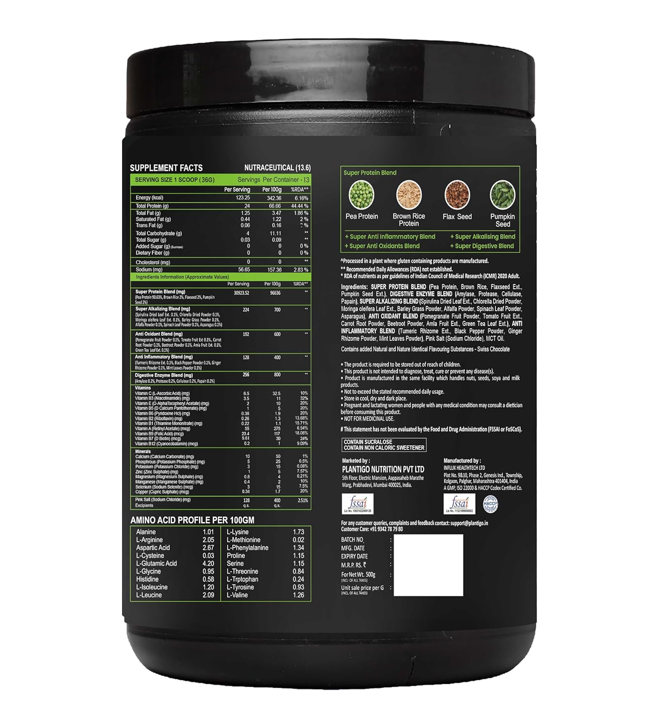 Plantigo Clean Protein Powder Men & Women | 24g Plant Protein, 4.4g BCAA, 2g Leucine, 4g Fiber | No Sugar, No Dairy, No Preservatives | 4x Fast Digest, Stress & Muscle Recovery | Swiss Chocolate 500g