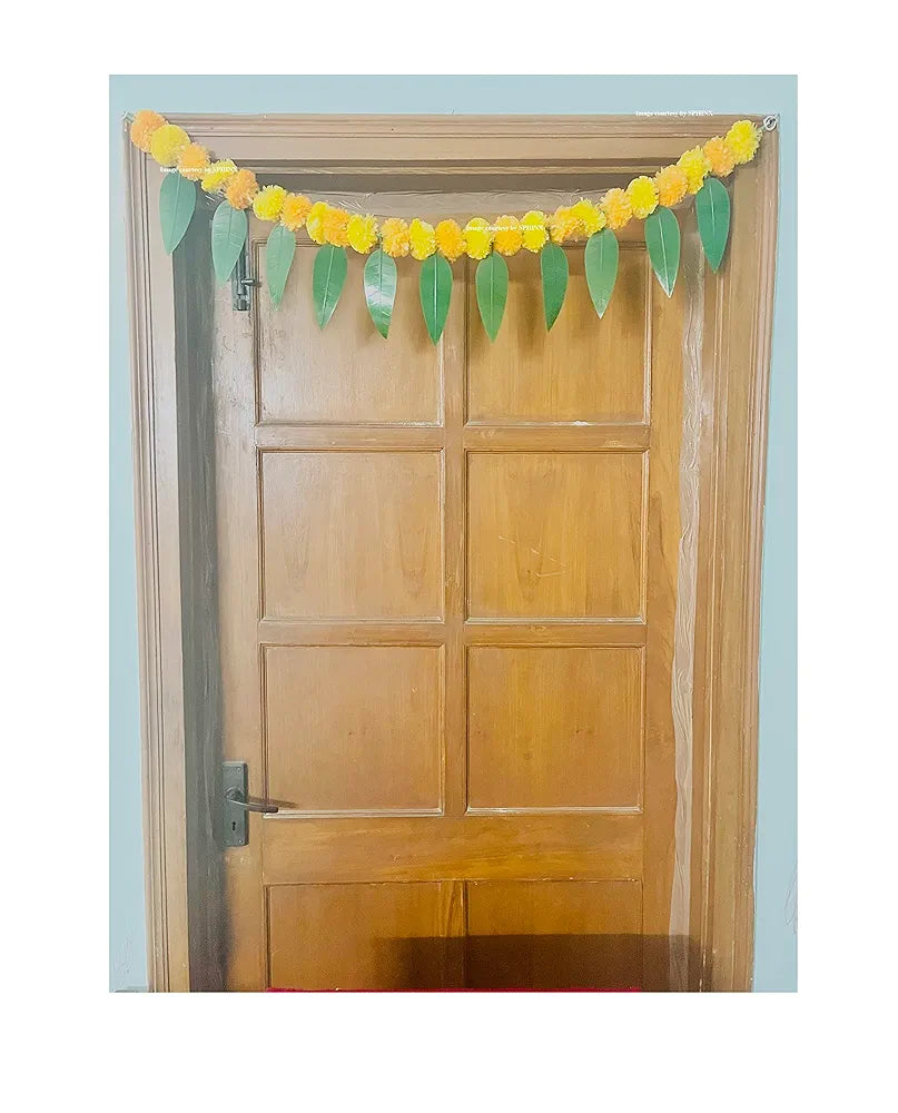 Artificial Marigold &Mango Leaves Simple Door-Window Toran Yellow and Light Orange