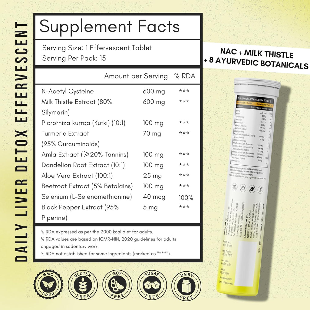 ANUPURAK Liver Detox Effervescent Tablets — NAC 600mg + Milk Thistle 600mg (80% Silymarin) | 10 Actives Liver Support Supplement for Antioxidant & Digestive Support | Lemon Flavour | 15 Tablets (Pack 1)