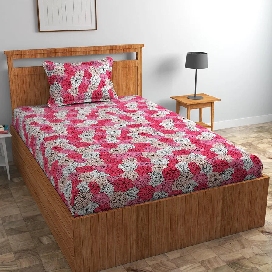 Homefab India 160 TC Glace Cotton Single BedSheet with 1 Pillow Cover Pink Floral