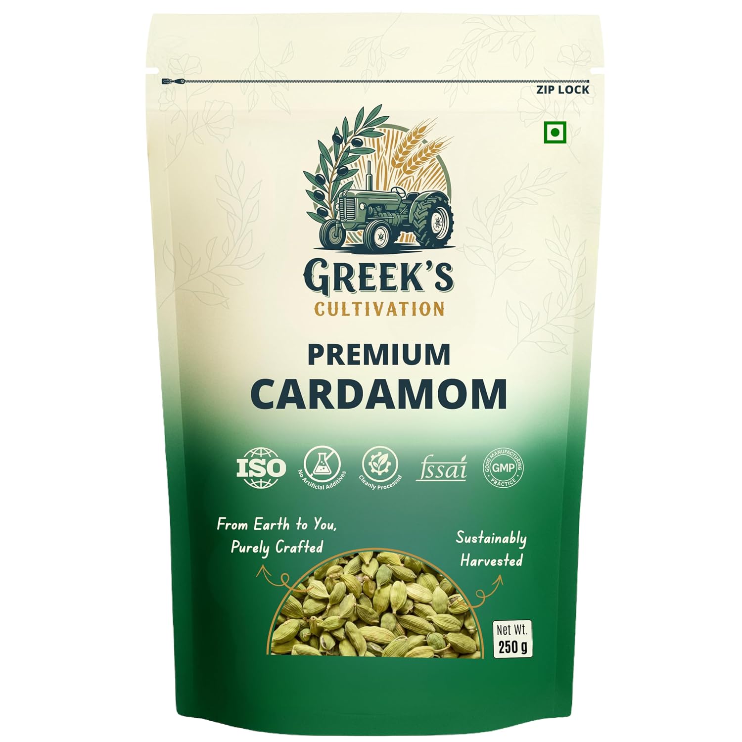 Greek's Cultivation Premium Green Cardamom Bold 8mm,250g | Handpicked Whole Elaichi Pods | Fresh Aroma & Bold Flavor for Chai, Biryani, Curries, Desserts, Baking & Indian Spices