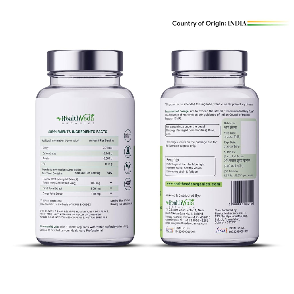 HEALTH VEDA ORGANICS PRIVATE LIMITED Plant Based Eye Care with Lutemax 2020 I 60 Veg Tablets I Protects from Blue Light & Improves Vision I For both for Men & Women