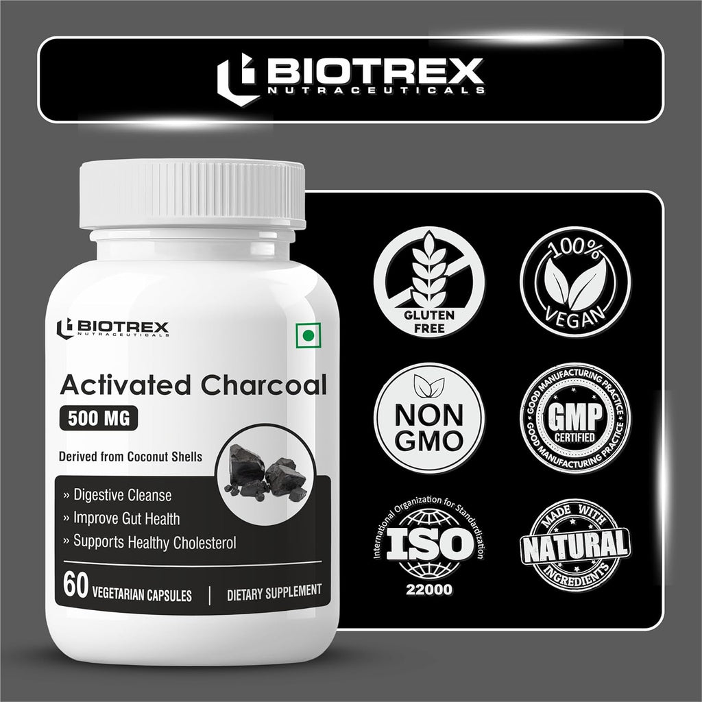 Biotrex Nutraceuticals Activated Charcoal 500mg | Sourced From Coconut Shells | Gas & Bloating Relief | Supports Digestive Health & Gut Detox | 100% Natural | 60 Veg Capsules