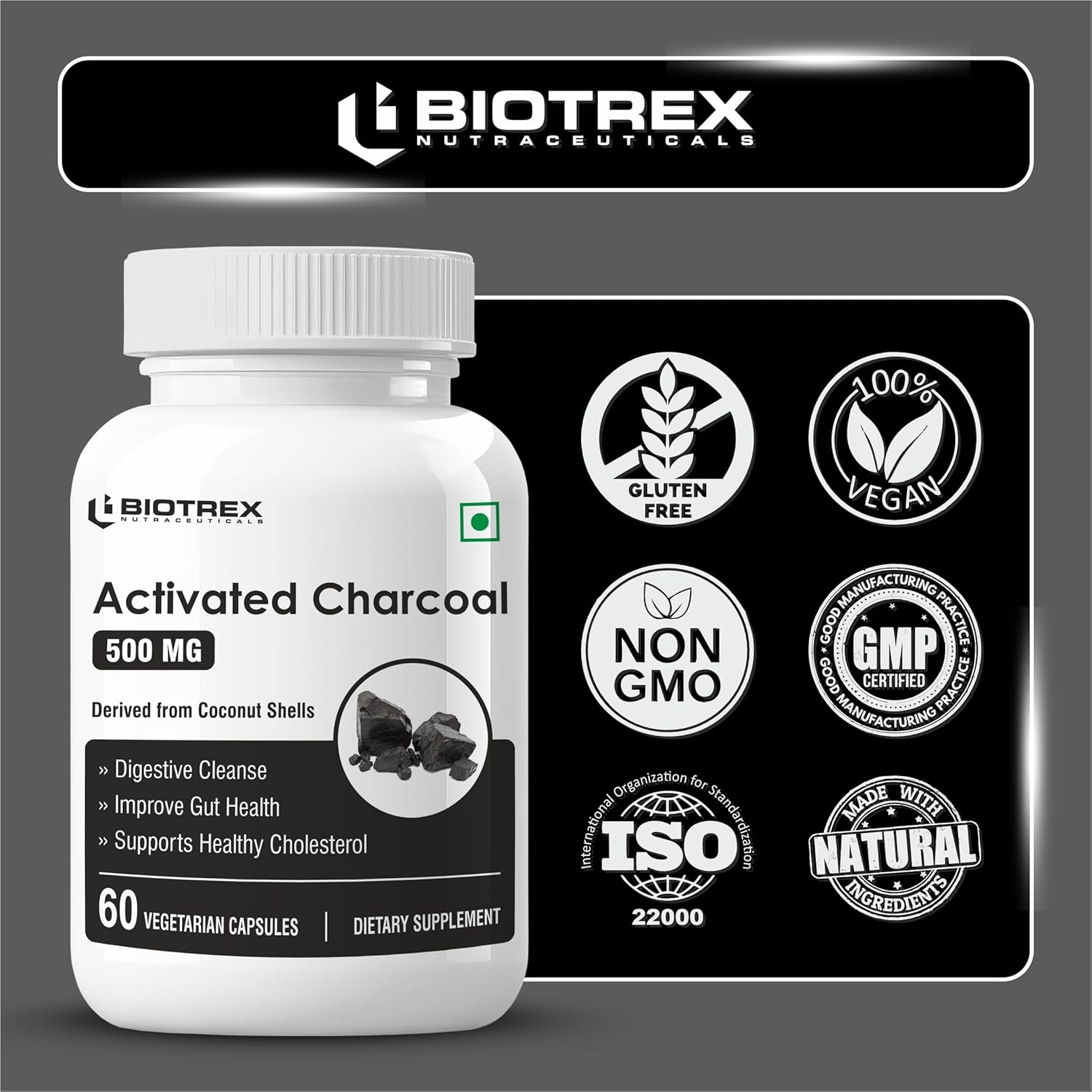 Biotrex Nutraceuticals Activated Charcoal 500mg | Sourced From Coconut Shells | Gas & Bloating Relief | Supports Digestive Health & Gut Detox | 100% Natural | 60 Veg Capsules