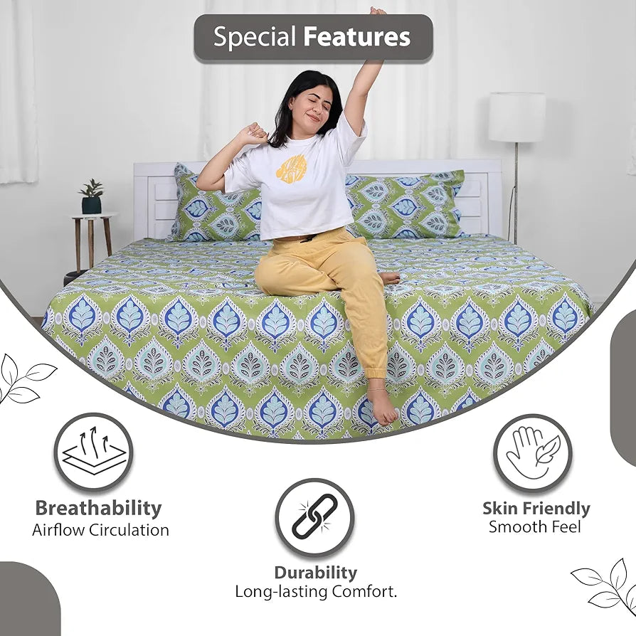 Divine Casa Double Size Bedsheet for Double Bed, 144 TC Pure Cotton Queen Size with 2 Pillow Covers Colour Palm Green