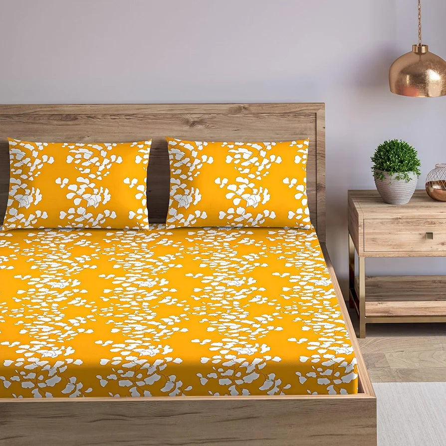 Trance Home Linen 200TC 100% Cotton 78"x60" Standard Queen Size Elastic Fitted Bedsheet with 2 Pillow Covers Colour Ginkgo Leaves Yellow White