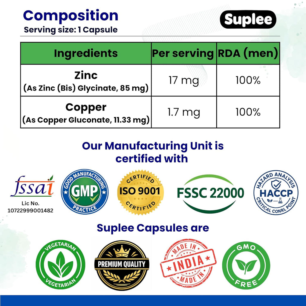 Suplee Zinc Glycinate with Copper Supplement | 17mg Zinc & 1.7mg Copper | High Absorption Chelated Formula for Immunity, Skin & Muscle Health | 90 Veg Capsules (Lab Tested)