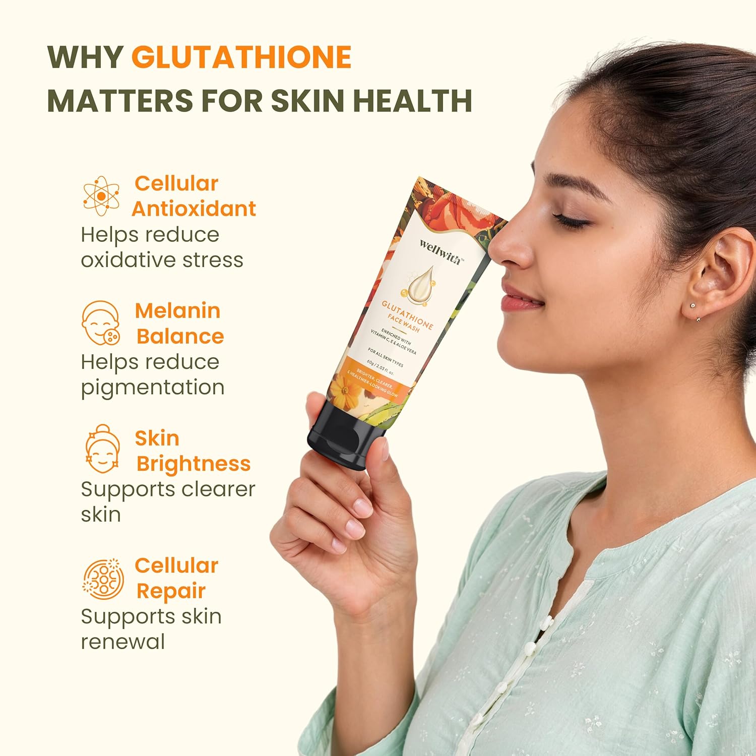 Wellwith by Ayuzera Glutathione Face Wash, Vitamin C & E, Kojic Acid Aloe Vera, Glowing Skin, Oil Control, Cleansing Face Wash Skin Rejuvanating (100ml, Pack of 1)