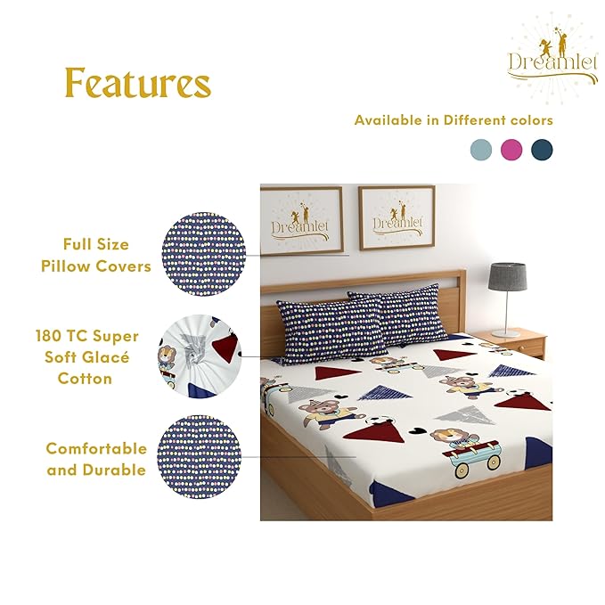 Dreamlet Premium Cotton Flat Double Bedsheets With 2 King Size Pillow Covers Double Bed Breathable | White & Blue