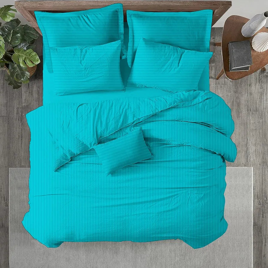 Trance Home Linen Zippered 100% Cotton 200TC Satin Stripe King Size Duvet Cover Quilt Cover Blanket Cover Razai Comforter Cover with 2 Pillow Covers Colour Aqua Turquoise Blue
