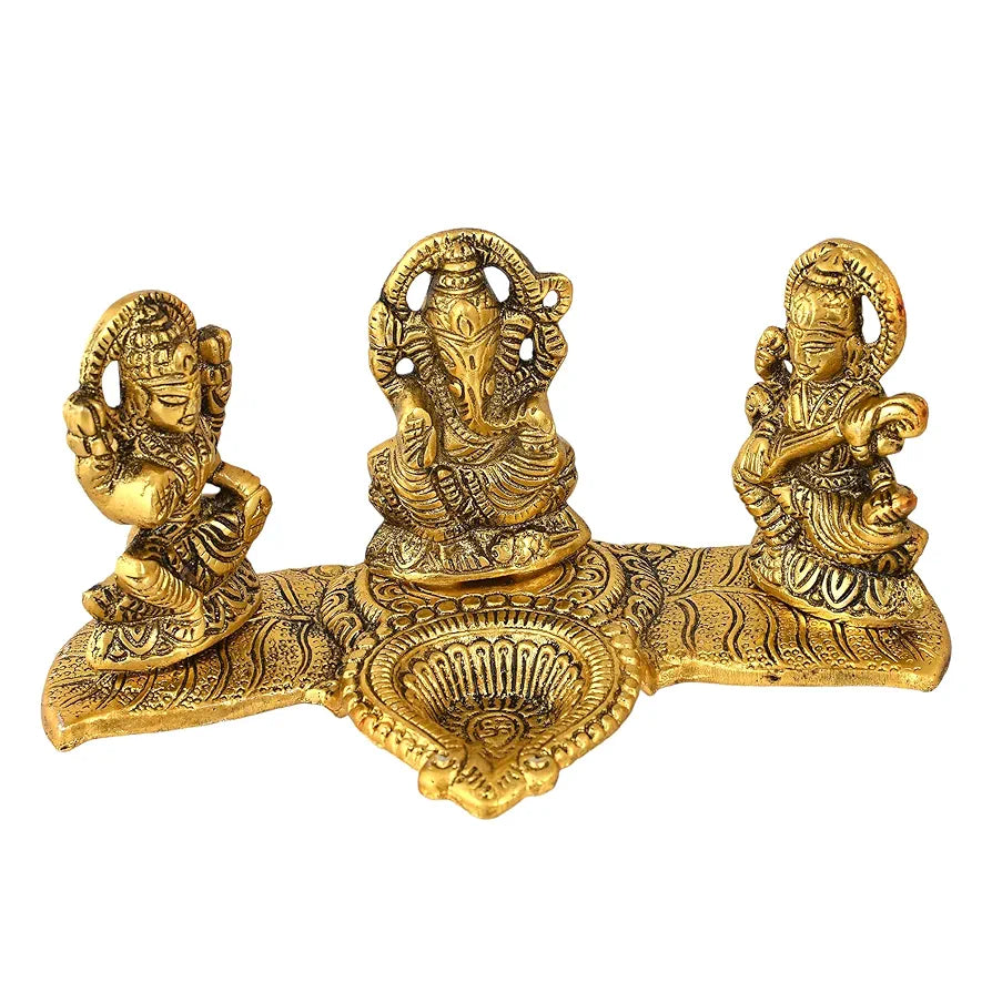CraftVatika Laxmi Ganesh Saraswati Metal Murti Idol with Diya Showpiece Golden Pooja