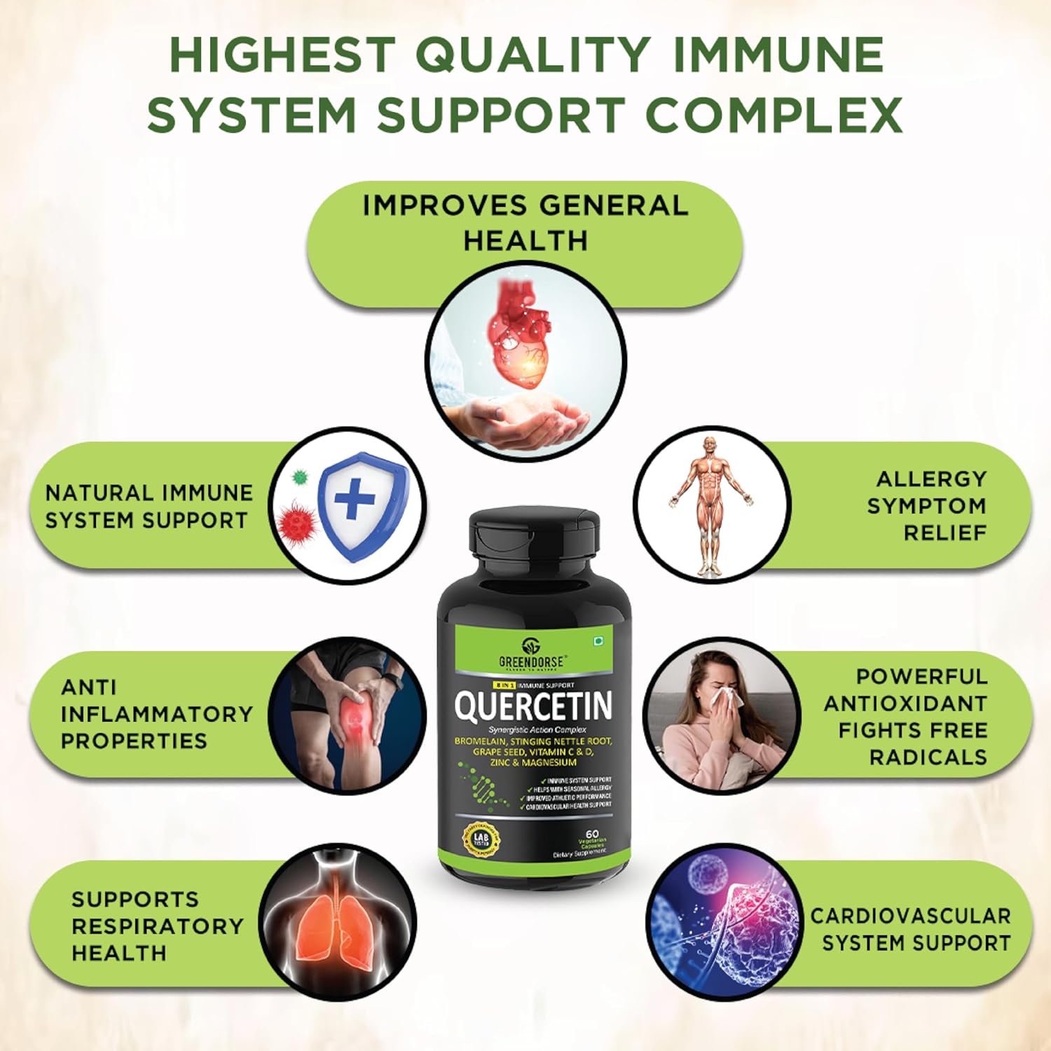 GREENDORSE Premium Quercetin with Bromelain, Stinging Nettle, Grape Seed, Vitamin C & D, Zinc, Magnesium – 8-in-1 Immune Support Supplement – Antioxidant, Allergy Relief, Cardiovascular & Respiratory Health – 60 Vegan Capsules