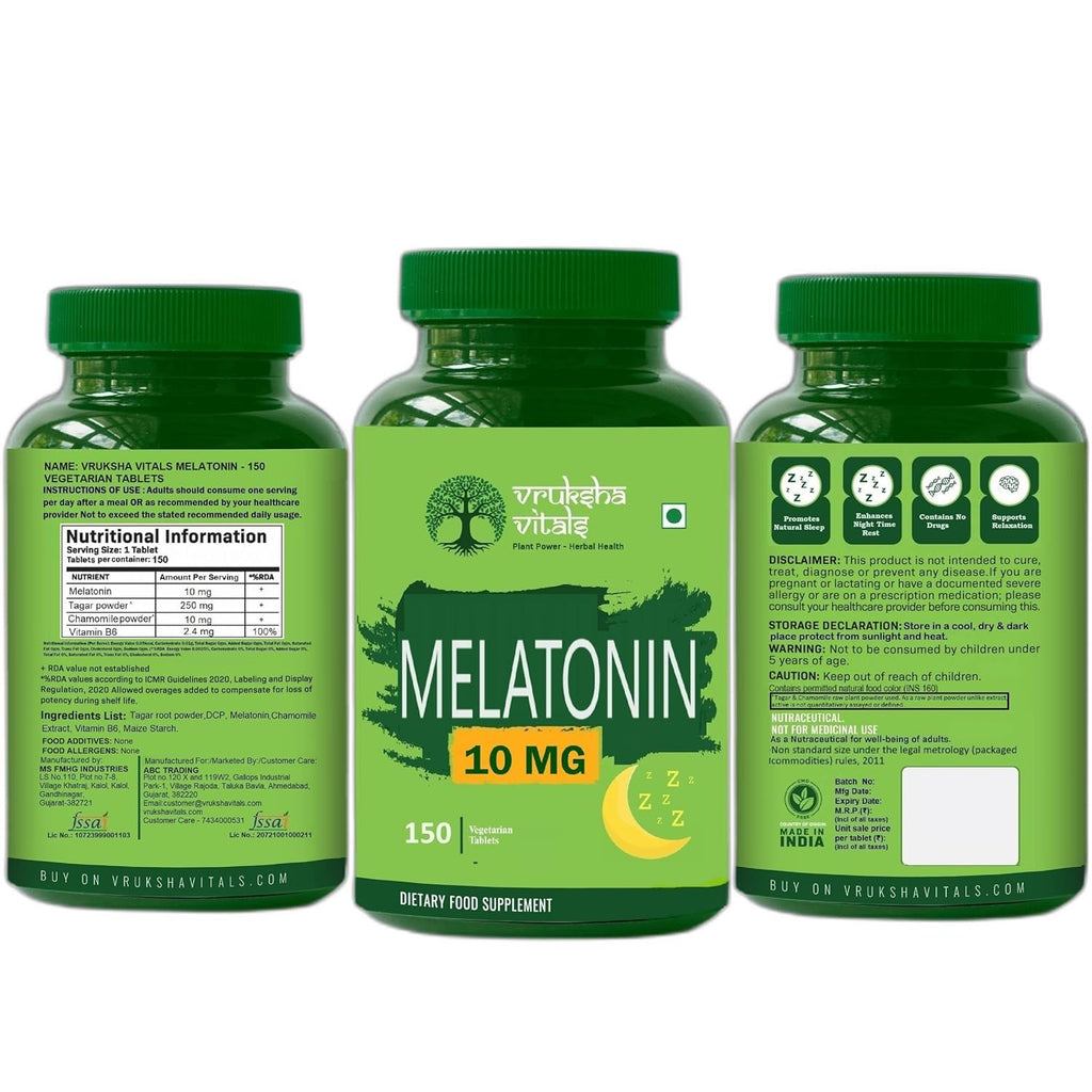 Vruksha Vitals Melatonin 10 mg Tablets for Sleeping Support with Tagar Root Extract, Chamomile Extract and Vitamin B6-150 tablets/capsules pills