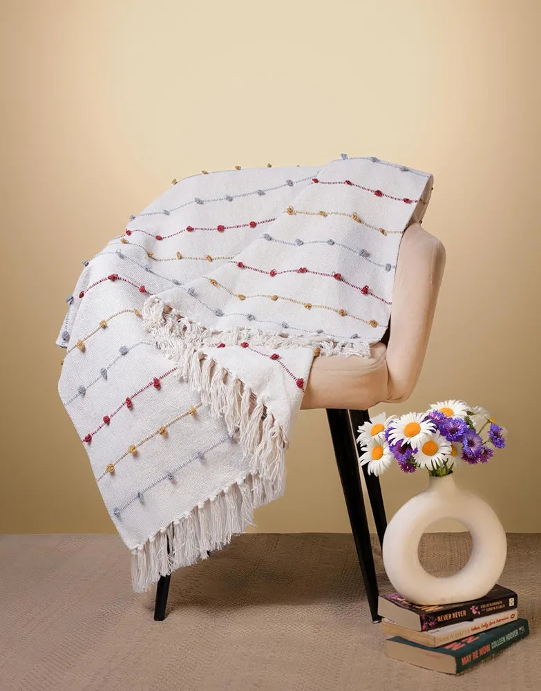 Sajavat Home Hand-Knitted Pure Cotton 3 Seater Sofa Throw Colour Beige Multi