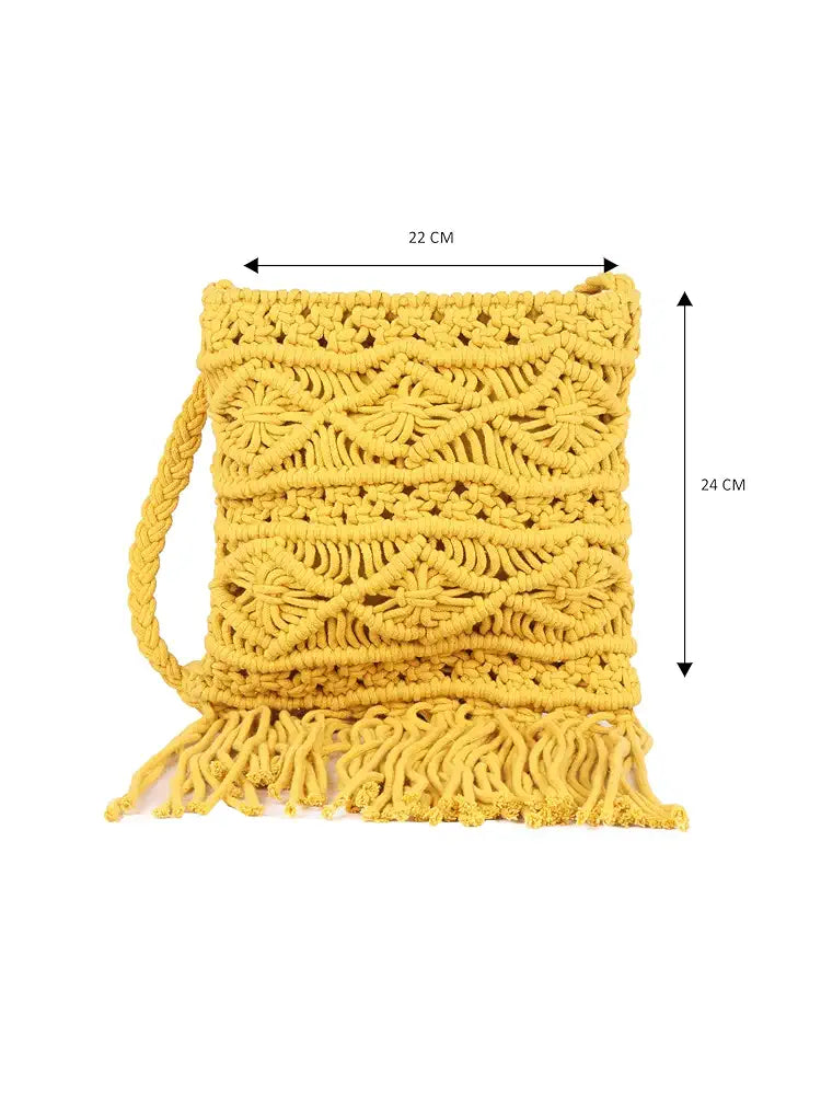 Astrid Handmade Macrame Flap Over Sling Bag For Girls And Women Colour Yellow