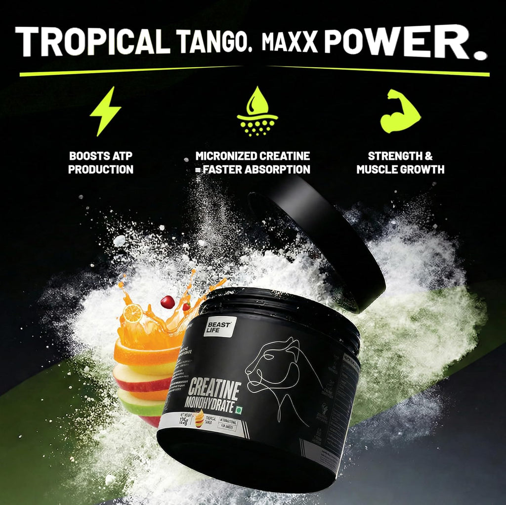 BeastLife Micronised Creatine Monohydrate with Free Shaker | 125g | 33 Servings | Tropical Tango | NABL Lab Tested | Rapid Absorption for Muscle Strength & Athletic Performance | Super Micronised Creatine Powder