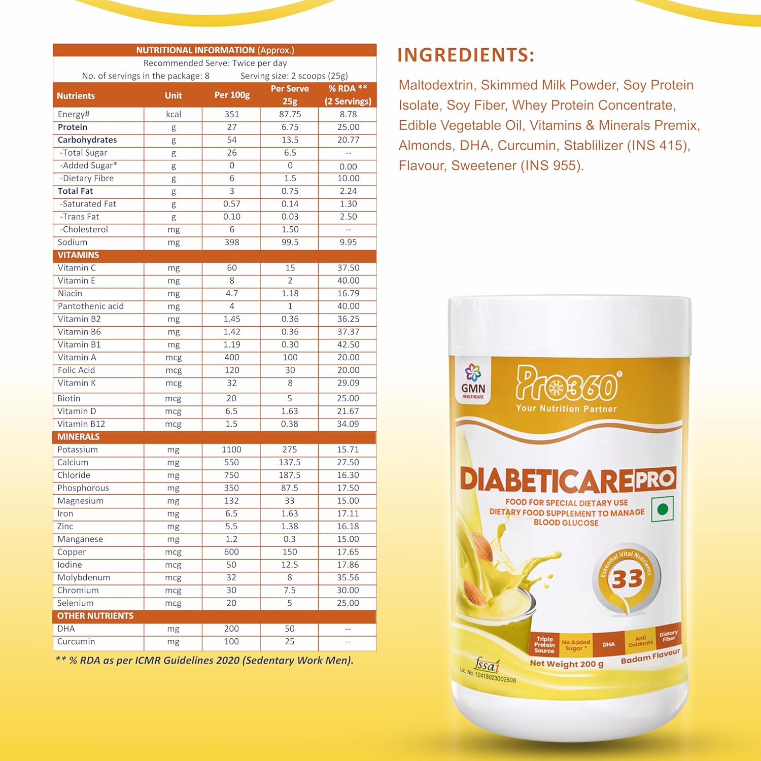 Pro360 Diabeticare Pro Protein Powder for Diabetes - Nutrition Supplement for Diabetic Care - Helps in Managing Blood Sugar Levels - Zero Added Sugar - Badam Flavour 200g Jar