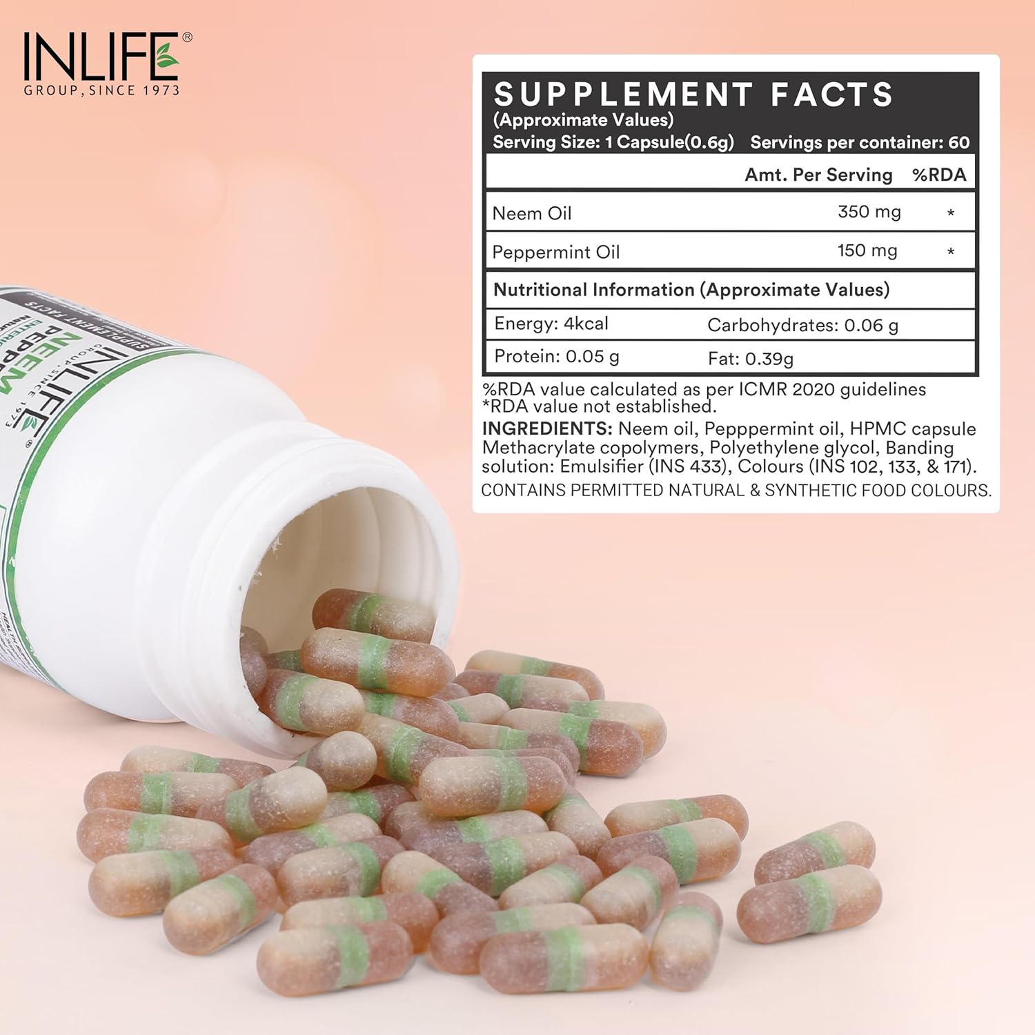 INLIFE Neem Oil 350mg with Peppermint Oil 150mg | Digestive Health & Skin, Hair Care Supplement | Enteric Coated Capsules â€“ 60 Liquid Filled Vegetarian Capsules (Pack of 1, 60)