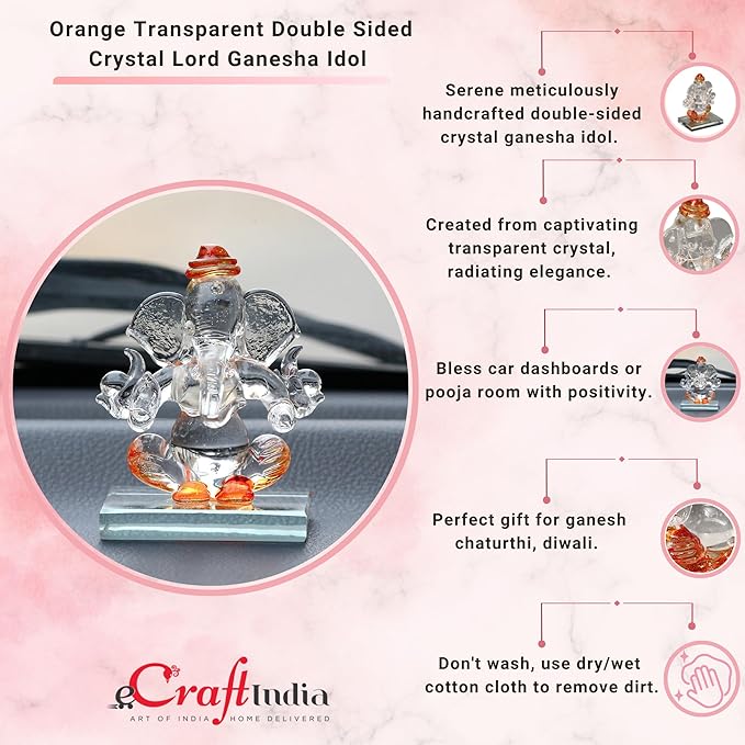 Ecraftindia Orange and Transparent Double Sided Crystal Car Ganesha Showpiece