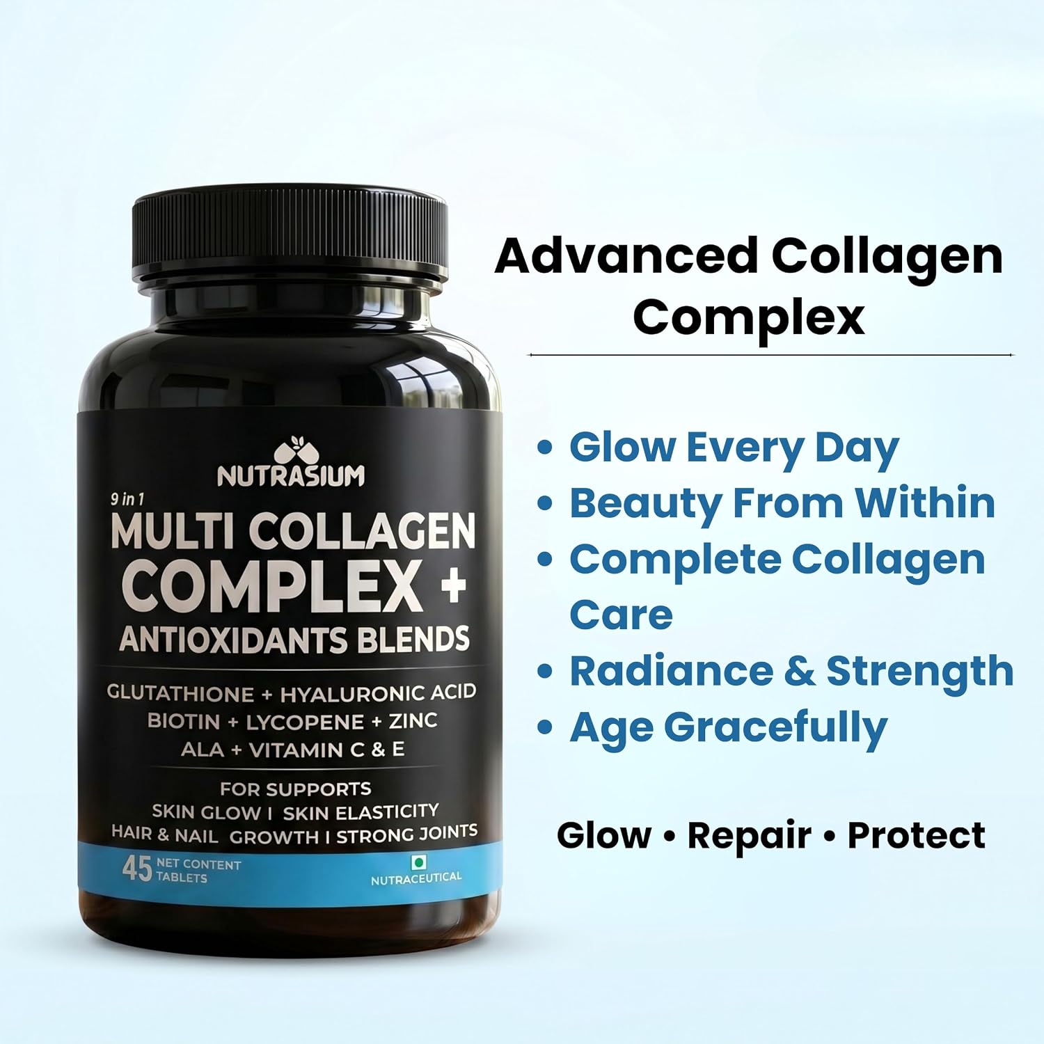 Nutrasium Multi Collagen Complex with Glutathione For Skin Radiance | with Hyaluronic Acid, Vitamin C & E | Veg Collagen Tablets For Skin & Hair | 90 tablets
