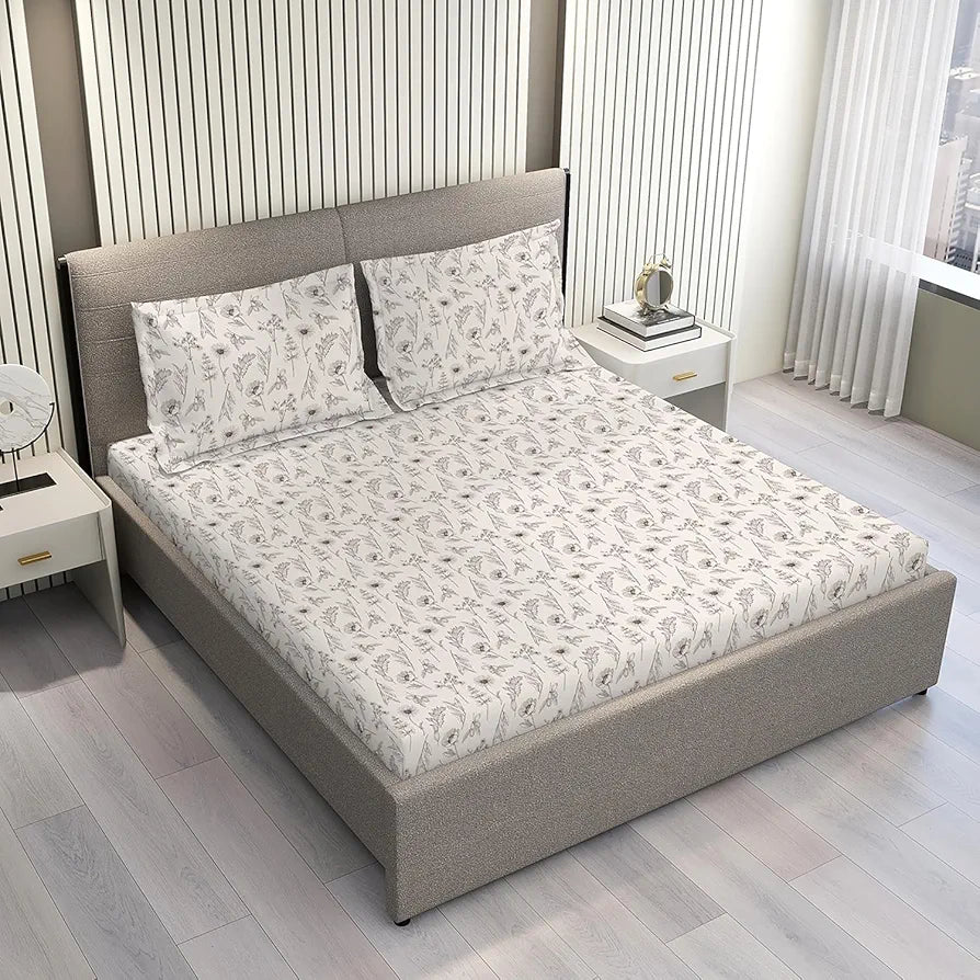 Layers Lumina Floret Cotton Bedsheet Set for All Seasons Lightweight 144 TC Queen Size Beige Flowers