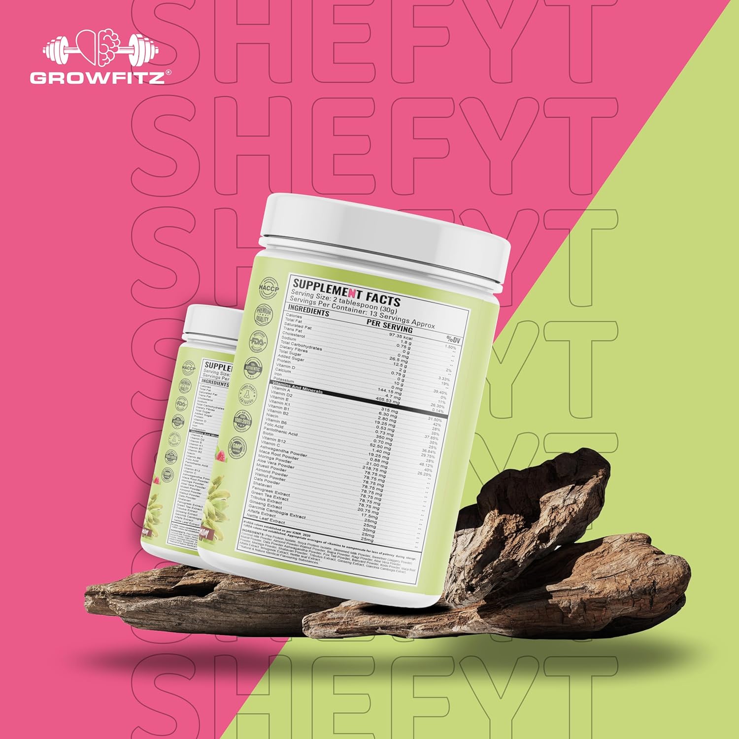 Growfitz Shefyt 100% Natural Plant Protein Rich 400g | 12g Protein | Meal Replacement Shake For Weight Control & Management | 50+ Powerful Herbs | Energy, Wellness, Immunity, Law Fat (Cardamom)